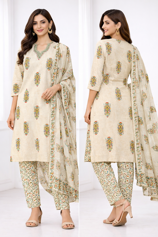 Cotton Suit Combo Pack of 2 (Sky Blue & Off-White Printed Set)