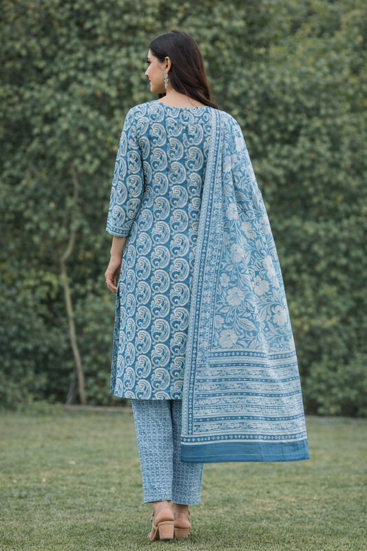 Women's 100% Cotton Blue Kurta Pant Dupatta Set