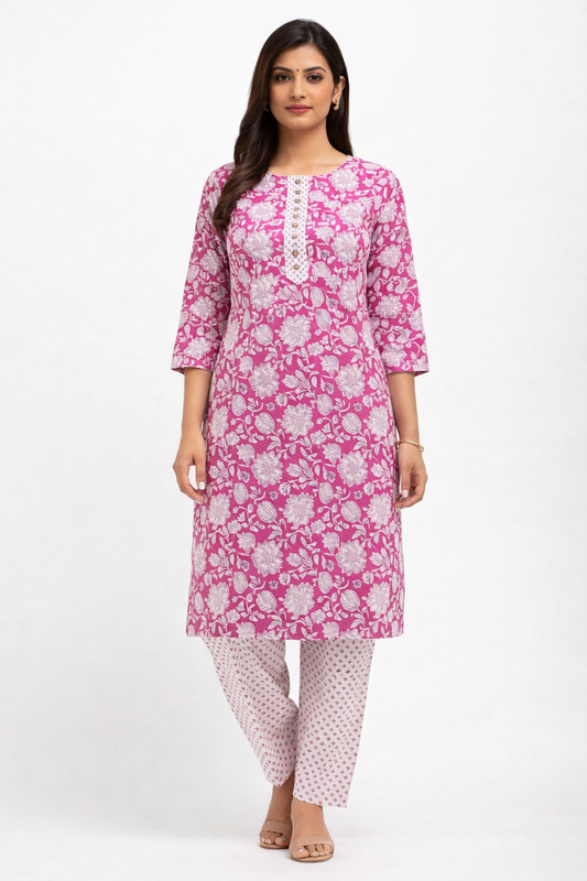 Vastrika Official Women’s Pink 100% Cotton Kurta Pant Set