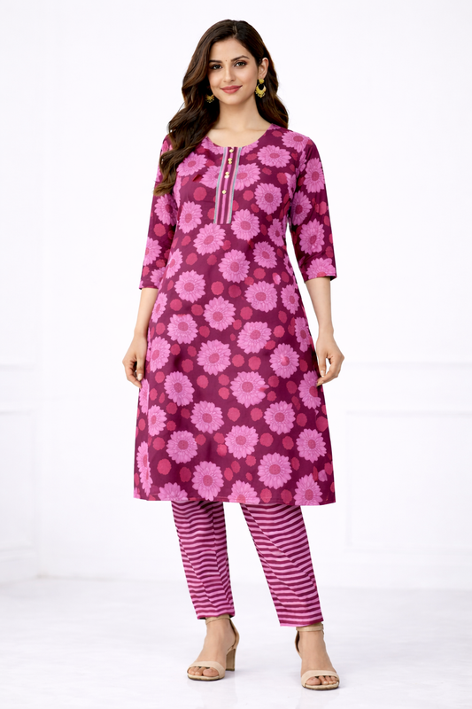 Vastrika Official Women’s Pink 100% Cotton Kurti Pant Set