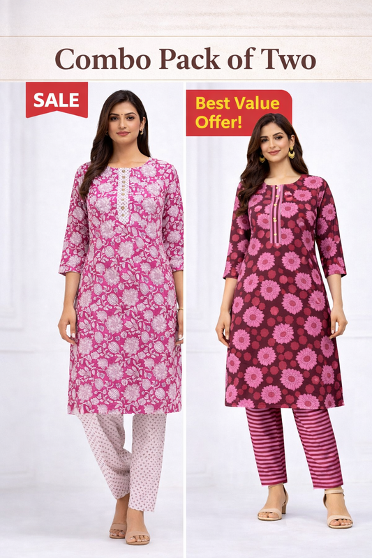 Vastrika Cotton Kurti Pant Combo Pack of 2 (Pink Floral & Maroon Floral Set)
