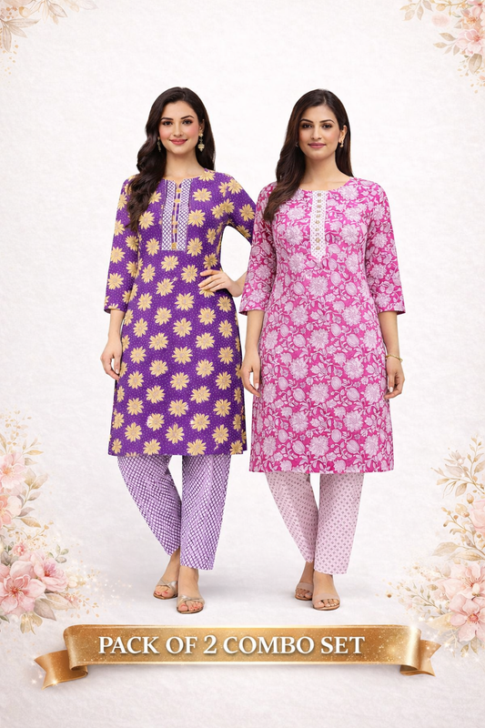 Pack of 2 Women Kurti Pant Set Combo (Purple Floral + Pink Floral)