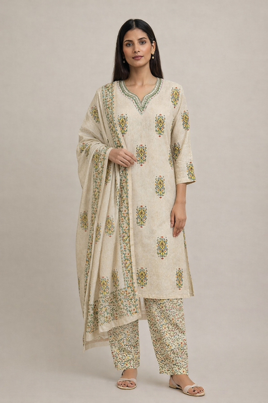 Vastrika Official Women’s Cream Beige 100% Cotton 3 Piece Suit Set