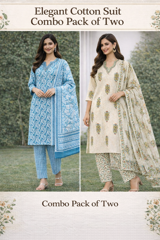 Cotton Suit Combo Pack of 2 (Sky Blue & Off-White Printed Set)
