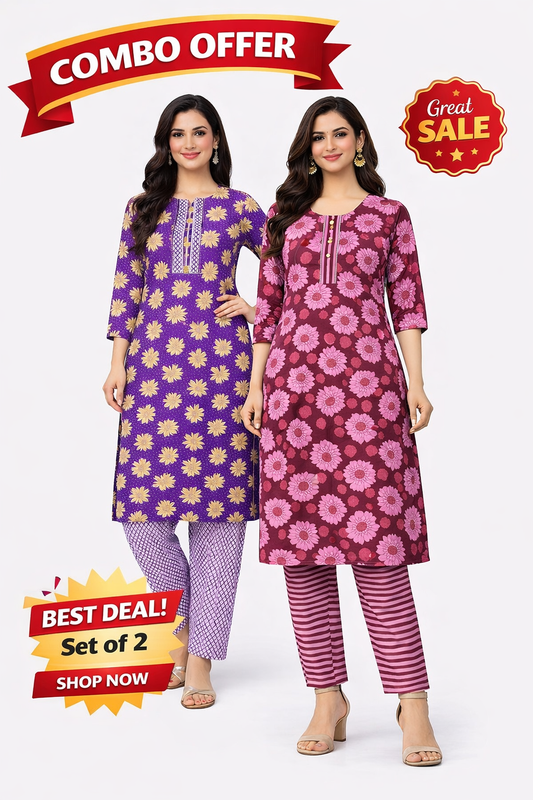 Combo Pack of 2 Printed Cotton Kurti Pant Set (Purple & pink Floral)