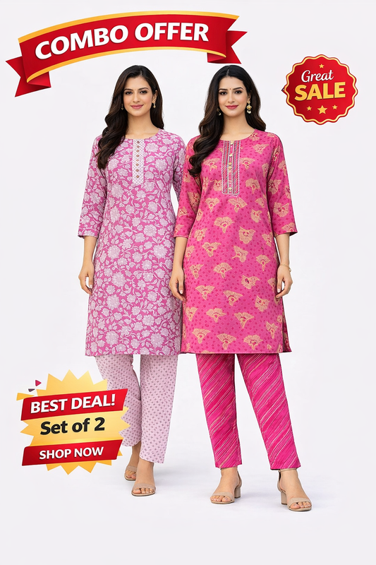 Combo Pack of 2 Printed Kurti Pant Set (Pink & Dark Pink)