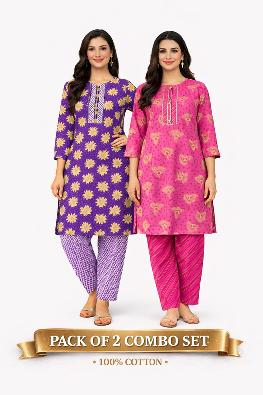 Pack of 2 Cotton Kurti Pant Set Combo (Purple Floral + Dark Pink Print)