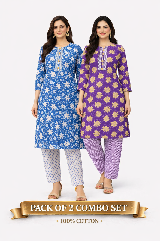 Pack of 2 Cotton Kurti Pant Set Combo (Blue Floral + Purple Floral)