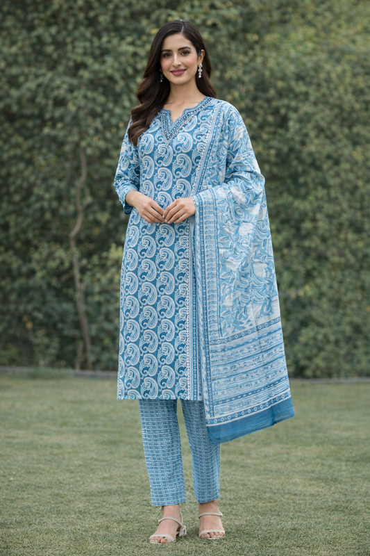 Women's 100% Cotton Blue Kurta Pant Dupatta Set