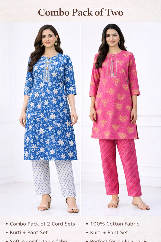 100% Cotton Kurti Pant Cord Set Combo Pack of 2 (Blue Floral & Pink Printed Set)