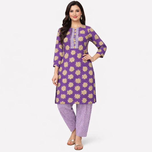 Vastrika Official Women’s Purple 100% Cotton Kurti Pant set