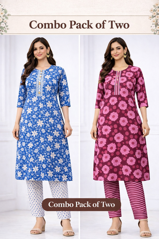 Cotton Cord Set Combo Pack of 2 (Blue Floral & Wine Pink Printed Set)