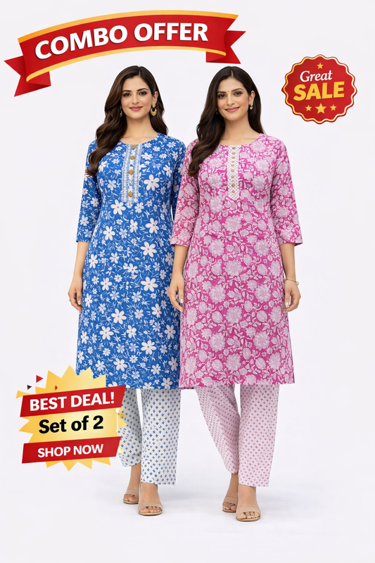 Combo Pack of 2 Printed 100% Cotton Kurti Pant Set (Blue & Pink)